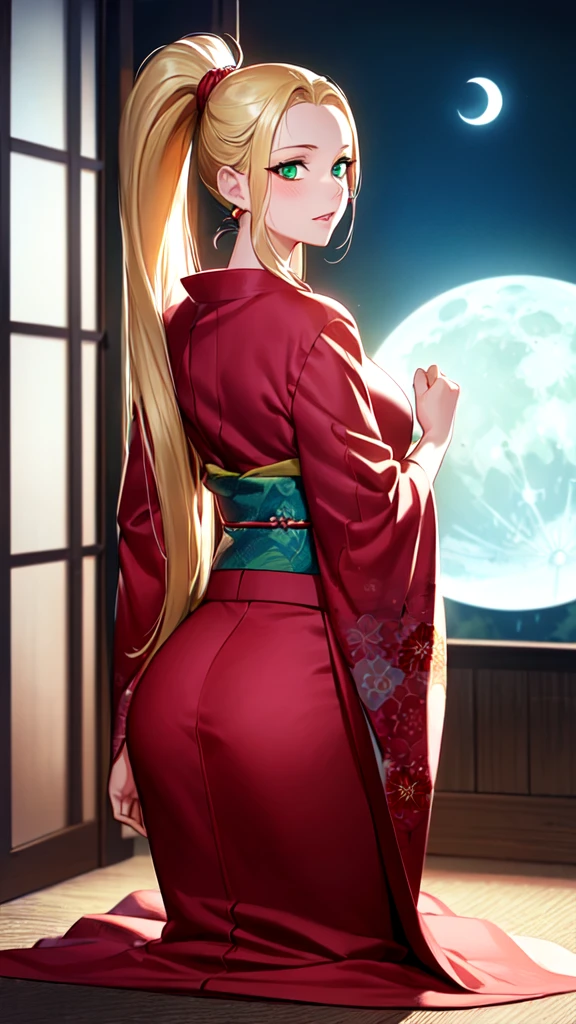 {{100 Things You Want to Do to Become a Zombie, Beatrix Amerhauser:1.9}}, 8k, Best Quality, Super detailed, It is high resolution., Highly detailed CG, Clear, Best aesthetic, Great shading, (Photorealistic:1.3), High contrast, Ultra-thin illustration, Shrinkage rate, Beautiful detailed eyes, Beautiful detailed skin, Realistic skin, Beautiful detailed hand, Beautiful detailed fingers, Beautiful detailed hair, Detailed hair, Beautifully detailed ears, Beautiful Detail Lip, Professional Lighting, Beautiful detailed backgrounds, Very realistic backgrounds, 1 Girl, Solo, Beautiful 25 year old woman, (((Forehead, Very long hair, Ponytail, Blonde))), (Blonde), ((Bright green eyes)), ((Big eyes)), ((Kimono)), Lip gloss, Cowboy Shot ,Movement angle,Full Body, Blushing, (((Fuck from behind))), Open your mouth,No bra, hostel,(View the Moon),sitting,open clothes,