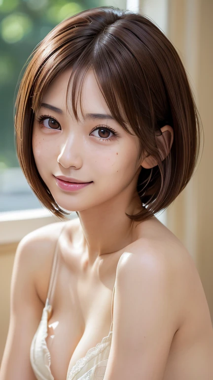 (masterpiece:1.3), (Photorealistic, RAW Photos, Highest quality: 1.4), Skinny Japanese woman, 23 years old, (One Girl), (A vivid face), Detailed face, Detailed eye resolution, (Brown hair, Show your forehead、Bobcut:1.3), (Realistic Skin), (topless), Ultra-high resolution, Surreal, High definition, freckles、Small breasts、Cleavage、smile:1.1