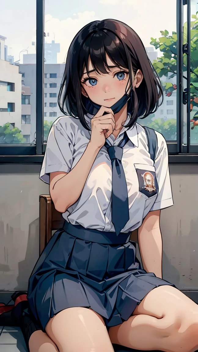 1 woman, ************, (long haircut, black hair), scared face expression, plump body, blue eyes, Indonesian high-school uniform, (wearing transparent white shirt, showing bra), osis logo on shirt pocket, huge XL breasts, light-grey pleated skirt, sitting down, seductive pose, full body shot, blush, shy face, looking_at_viewer, wear a mask, surgical mask fit his face, mask_pull, in the classroom,