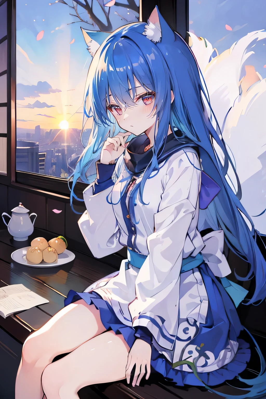 (Masterpiece:1.2)，Ultra-detailed，lifelike，The eyes are expressive，Fair skin，Perfect face shape，1 girl，
Japanese Manga，Gorgeous blue hair，Flowing blue hair，Flowing clothes，Cat ears，Petals falling，Beautiful Lola，little angel，
Cross your legs，Gentle and peaceful background，Smile，Wearing a sweatshirt，Tokyo background，background，heavy snow，winter.Highest quality，perfect face，sitting on window sill drinking coffee and looking out the window，sunrise。