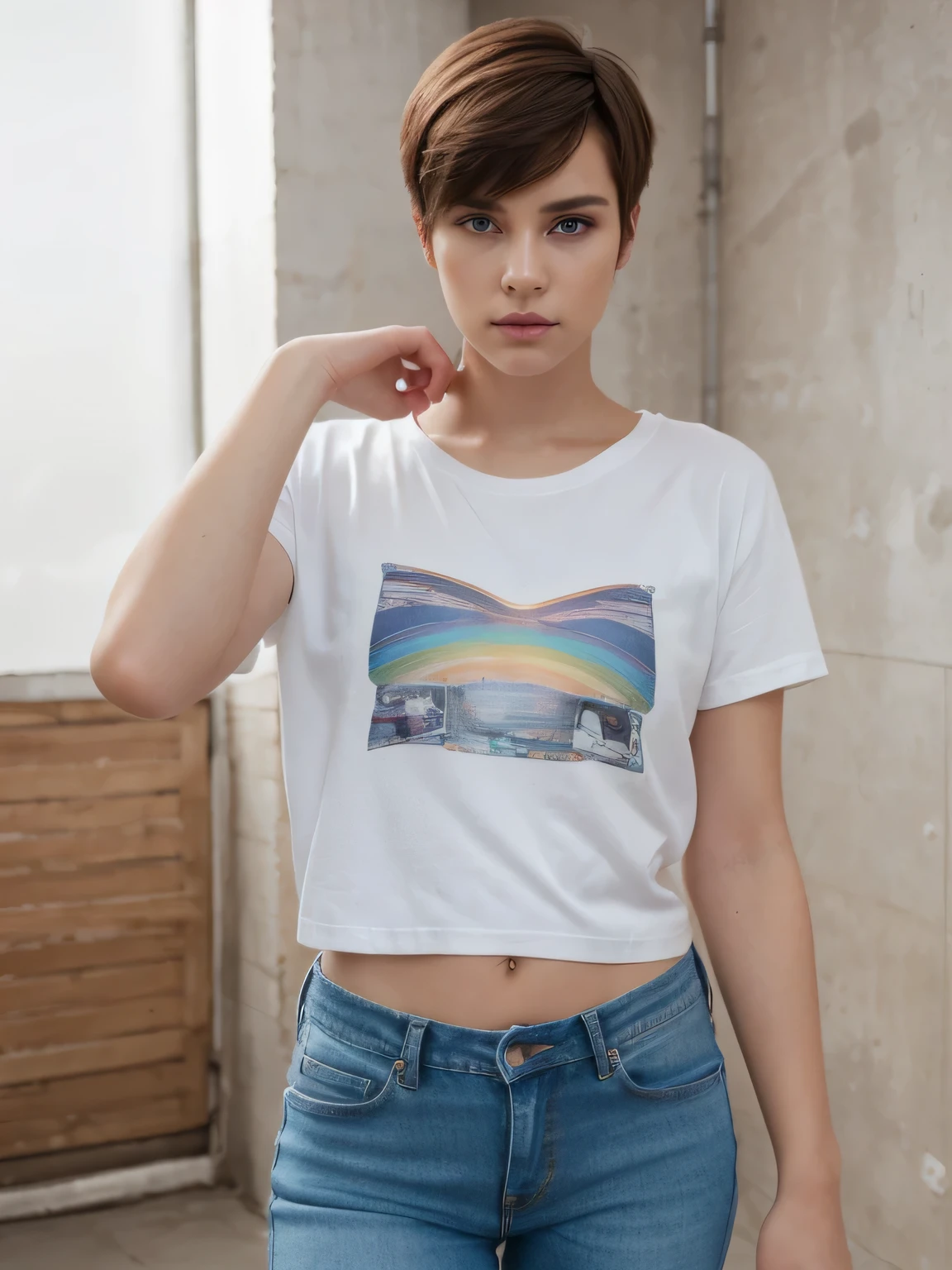 8k, RAW photo, best quality, ultra high resolution, photorealistic, (slim) girl, (rainbow short undercut haircut), eye makup, 18 years old, perfect hands, five fingers, jeans pants, high heels, transparent white shirt