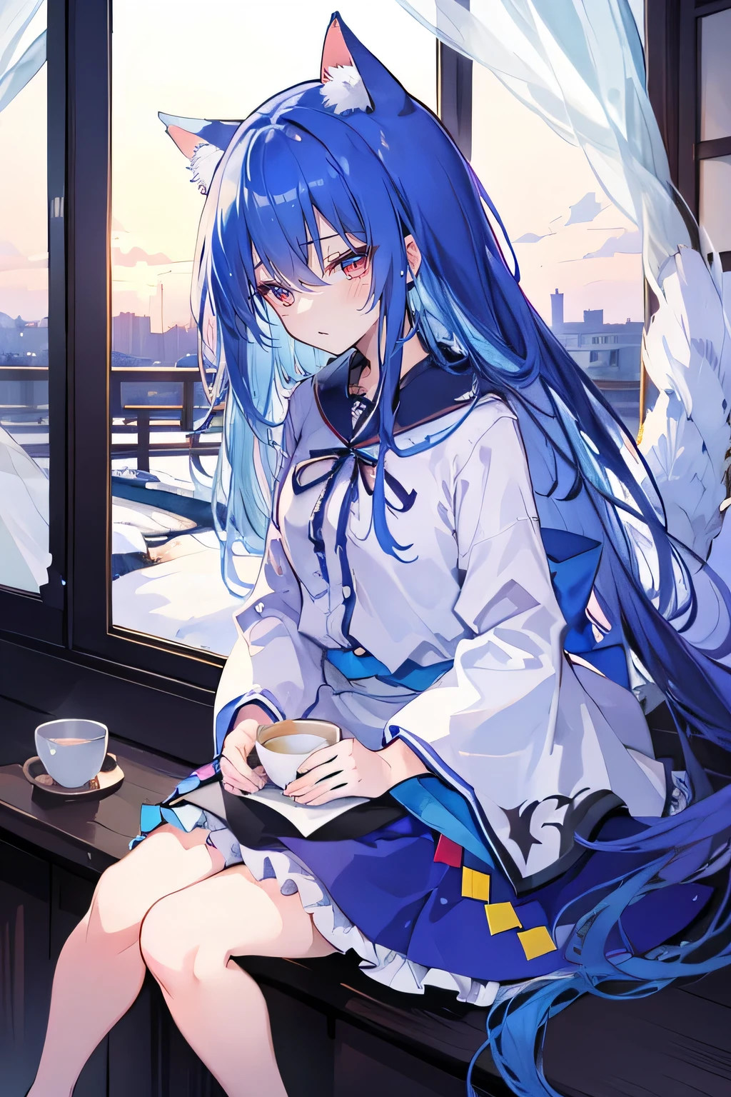 (Masterpiece:1.2),Ultra-detailed,lifelike,The eyes are expressive,Fair skin,Perfect face shape,1 girl,
Japanese Manga,Gorgeous blue hair,Flowing blue hair,Flowing clothes,Cat ears,Petals falling,Beautiful Lola,little angel,
Cross your legs,Gentle and peaceful background,Smile,Wearing a sweatshirt,Tokyo background,background,heavy snow,winter.Highest quality,perfect face,sitting on window sill drinking coffee and looking out the window,sunrise。