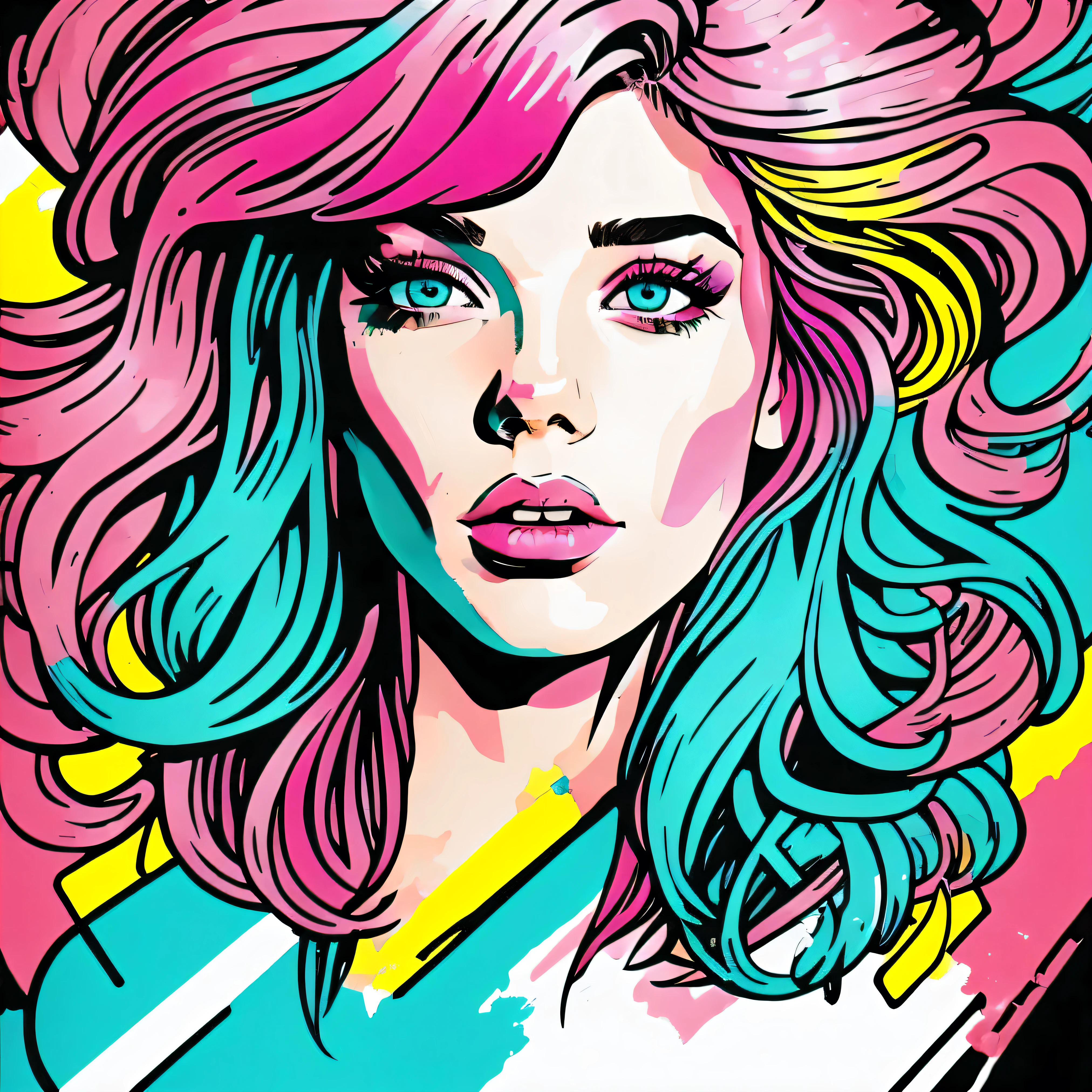 album cover, painted portrait of a girl with pink hair, the face is almost invisible, covered by hair, watercolor, pop art style, drawn in the style of a neon marker