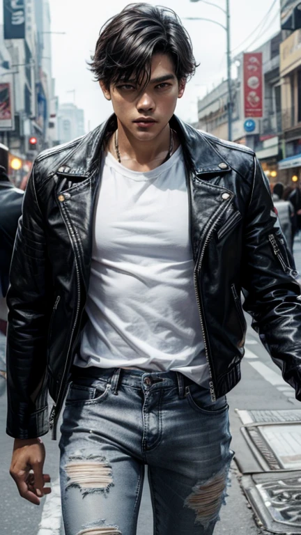 solo , 1man , thai man Sitting , leather jacket , white shirt , black jeans , happy face , sit