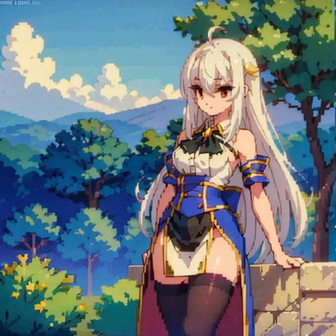 {ninym ralei}, beautiful girl, (White hair, Red eyes), It is leaning on the side of a tree, look at the kingdom from a hill, background of a kingdom with a beautiful red and white castle, fantasy sky, (sky of a magical world), {open world video game cover type image}, Pixel art style, pixel art: 1.1, high quality, the highest quality possible, 16k, ultra definition, 
