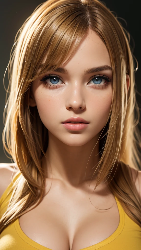 (best quality, 4k, highres, highres face details), Irish girl rs old, 1girl, solo, strawberry blonde hair, shoulder length hair, parted bangs, grey eyes, constricted pupils, slim build, (textured skin, skin pores:1.1), large breasts, pale skin, colorful makeup, perfect nose, thin lips, fake lashes, pretty face, cute face, wearing a yellow shirt, cinematic lighting, Ultra-Wide Angle, Canon, Hyperrealism, UHD, masterpiece, textured skin, realistic water texture, high details, best quality, detailed eyes, detailed iris, whole body photo, posing for the camera