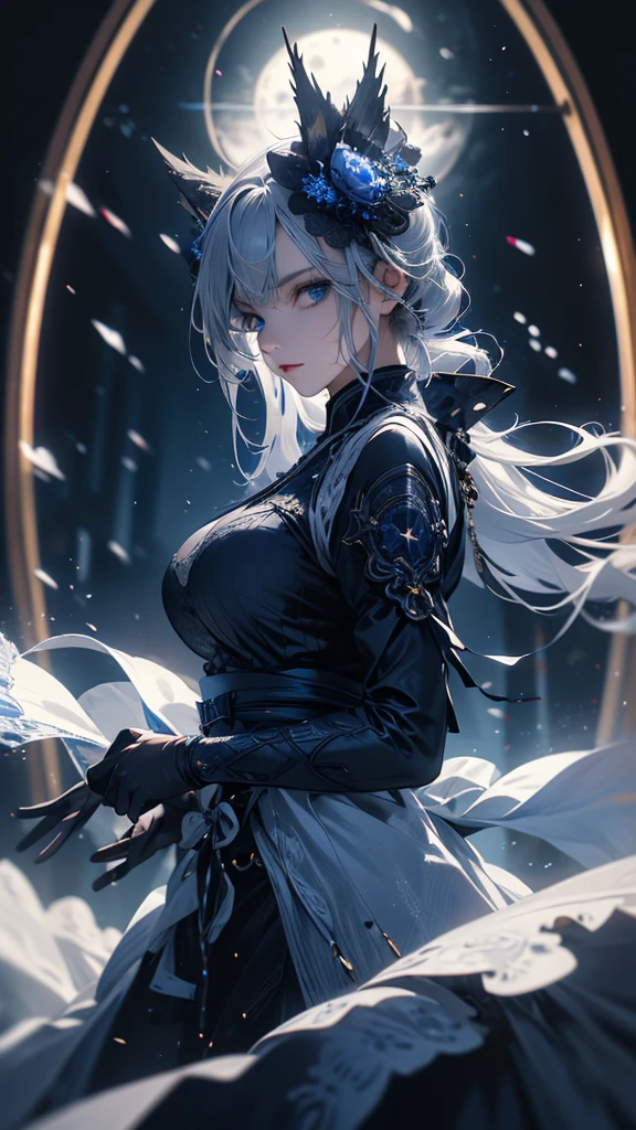 masterpiece, high quality, 4K, Beautiful design, silhouette，Gray Hair， 非常に詳細な夜のStarry Sky,Ice World， wonderful, Finer details,  Very knowledgeable woman, Highly detailed solo, 1 female,blue eyes，Big Breasts，Gothic Lolita Fashion，Night view，Starry Sky，Blue Full Moon，