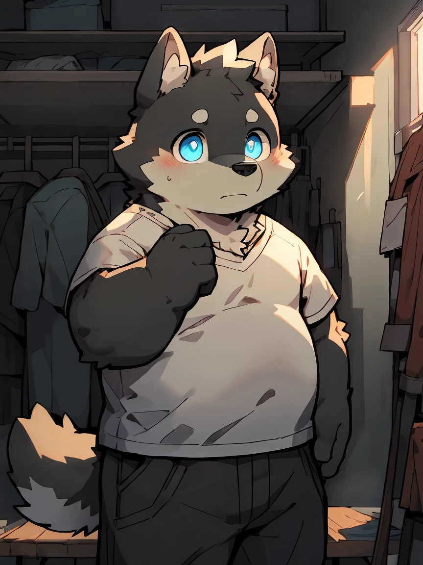 masterpiece, best quality, Perfect anatomical structure, Bright Eyes, Big watery eyes, Provided by RUHU1145, hairy, (black Wolf), fur(trigger:0.3),boy, Solitary,blue eyes,Shy,Black pants,White shirt,(Chubby body),Equipment room,Dark Room