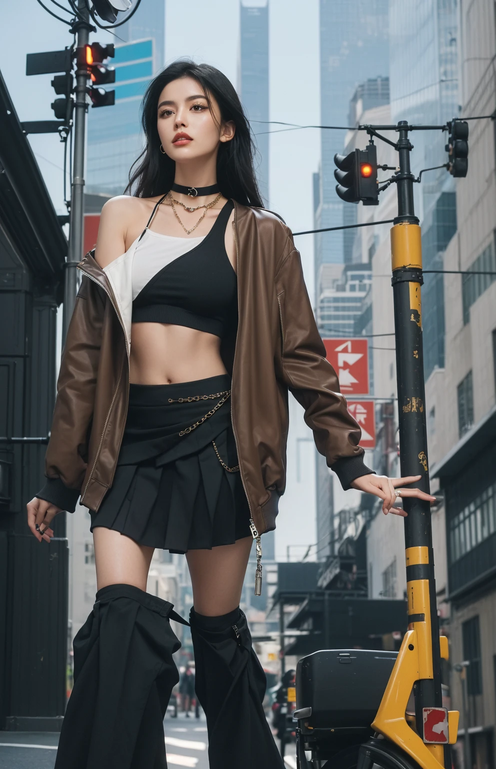 A young woman stands confidently in a bustling urban environment, exuding an edgy vibe. She wears her black hair long and loose and wears a tight black top combined with a pleated mini skirt. A large brown bomber jacket covers her shoulders. As accessories she wears a choker and several chains that enhance her style. She holds an electric guitar with a striking design that contrasts with the backdrop of tall buildings and street signs, creating a dynamic and vibrant atmosphere, photography, epiCNegative