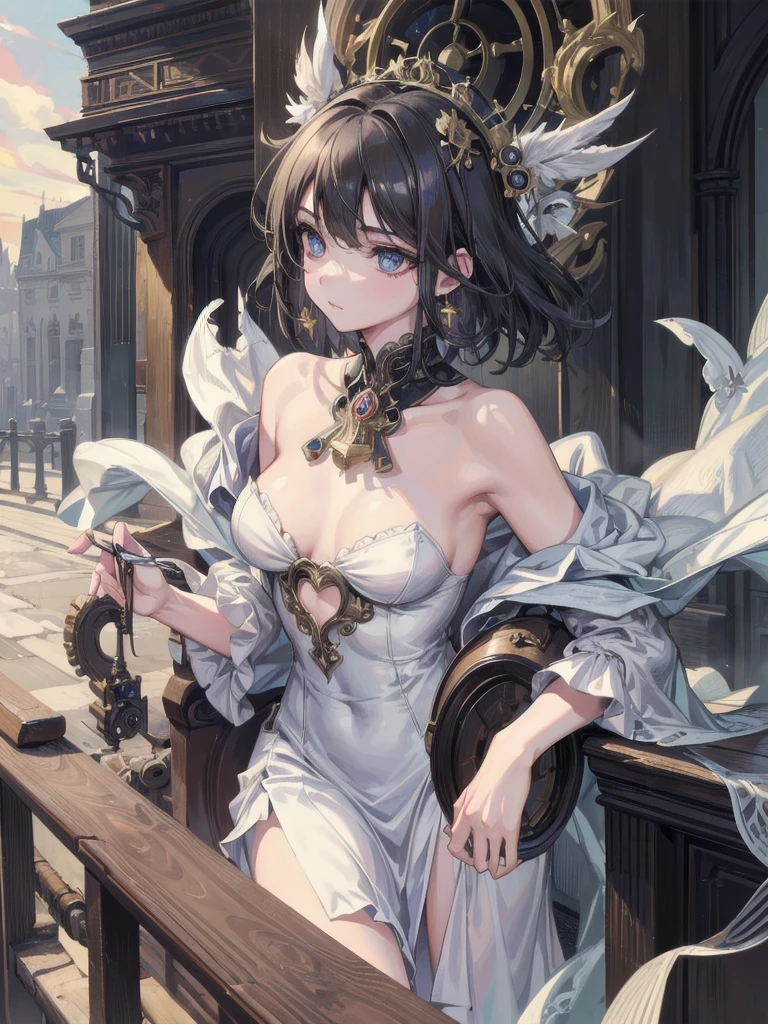 absurdres, RAW photo, extremely delicate and beautiful, masterpiece, Best Quality, ultra high resolution, 32k, hyperrealistic, ultra-detailed, detailed background, landscape, perfect anatomy, anatomically correct, perfect figure, Perfect Style, Perfect balance, super Detailed skin, in her 30s, very Slim body, narrow waist, very small head, very small face, delicate facial features, handsome detailed woman, very detailed eyes and face, realistic face proportions, Realistic beautiful face, Realistic beautiful eyes, tearful mole, earring, big tits, whole body shot, medium hair, asymmetrical hair, outdoor, steampunk fashion, blouse, short skirt, off shoulder,