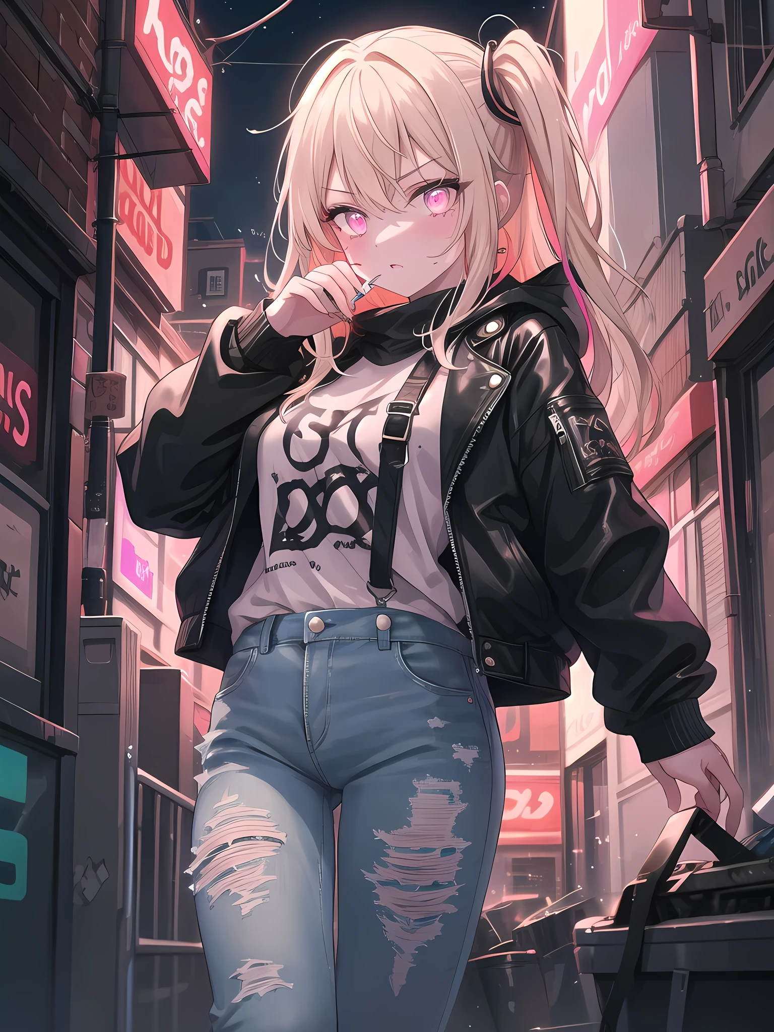 ((8k, best quality, master piece: 1.3)),super high resolution,(1 girl, solo), (colorshift eyes, hyperdetailed, expressive sparkling, glitter, glowing eyes), ultra detailed eyes, ultra-detailed face, random hair, ((pastel color)),A bad girl. The background is a back alley in a city at night, with neon lights illuminating the walls and the ground. The girl has a tough, rebellious vibe, and wears a tattered black leather jacket. Under the jacket, she wears a T-shirt with a rock band logo, and her jeans are distressed. The camera is set at the bust so that her expression can be seen clearly. The girl has a cold, sharp expression on her face, and her large eyes shine defiantly. Her skin is pale, with light scratches on her cheeks. Her hair is messy and short, and is set carelessly. Her hair is platinum blonde, and it sparkles in the neon lights. She holds a cigarette in one hand, and the other hand is in her pocket. She stands relaxed, but exudes a somewhat aggressive atmosphere. The background shows a dimly lit alley, graffiti on the wall, and the neon lights of a city in the distance. The alley is littered with garbage bags and broken signs, giving the overall atmosphere a desolate one. The texture of the girl's leather jacket, the details of the scratches, and every strand of hair are depicted in detail. The brightness of the neon lights enhances her cold expression, recreating an overall dark and rebellious atmosphere. Her defiant gaze and relaxed posture exude the strength and unique charm of a bad girl.A vibrant night scene with neon pulse effects. Colorful neon lights pulse rhythmically, casting dynamic, glowing hues across the image. These neon pulses create a lively, energetic atmosphere, highlighting the subject with a vibrant, electric glow. The dynamic light patterns enhance the modern and bustling feel of the scene