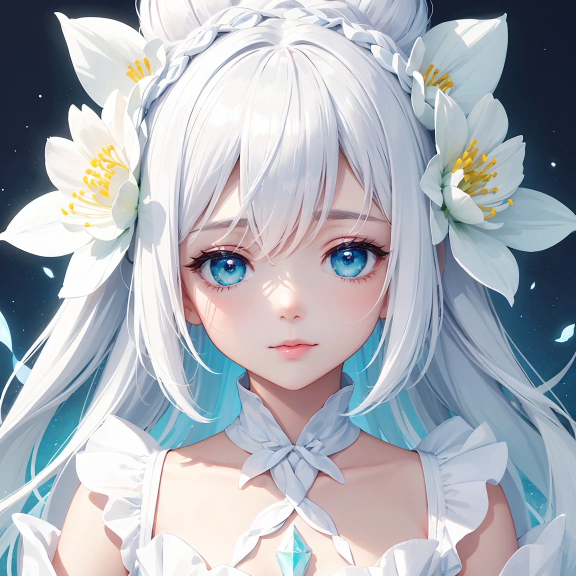1girl,{{{{white background,white illustration}}},blurry flower,monochrome,{{watercolor (medium)}}, white hair,white clothes,luminous iridescent flower,gradient colorful flower,shiny flower,flower hair ornaments,gochiusa,pink flower,aqua flower,celtic