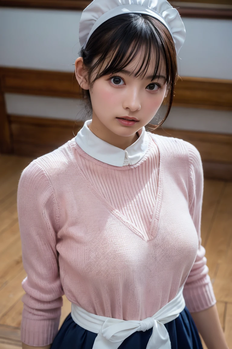 (8k, RAW Photos,Highest quality, High resolution:1.1), (Ultra-realistic:1.4),(Realistic, Realistic:1.3),The Beauty of Japan、Rhythmic gymnastics club、Rhythmic Gymnastics Uniform、((Upper Body:1.3)),Maid喫茶、((Maid:1.3)),(Pink knitted sweater:1.3),look up、Shooting from above、