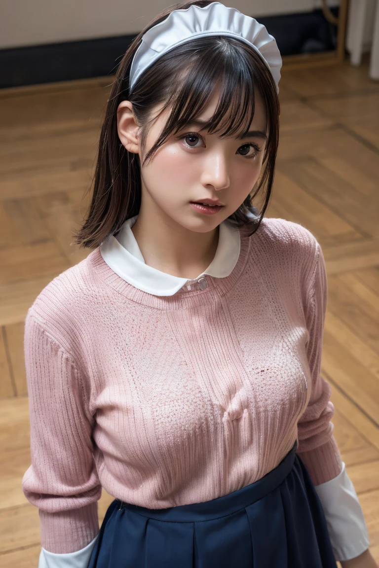 (8k, RAW Photos,Highest quality, High resolution:1.1), (Ultra-realistic:1.4),(Realistic, Realistic:1.3),The Beauty of Japan、Rhythmic gymnastics club、Rhythmic Gymnastics Uniform、((Upper Body:1.3)),Maid喫茶、((Maid:1.3)),(Pink knitted sweater:1.3),look up、Shooting from above、