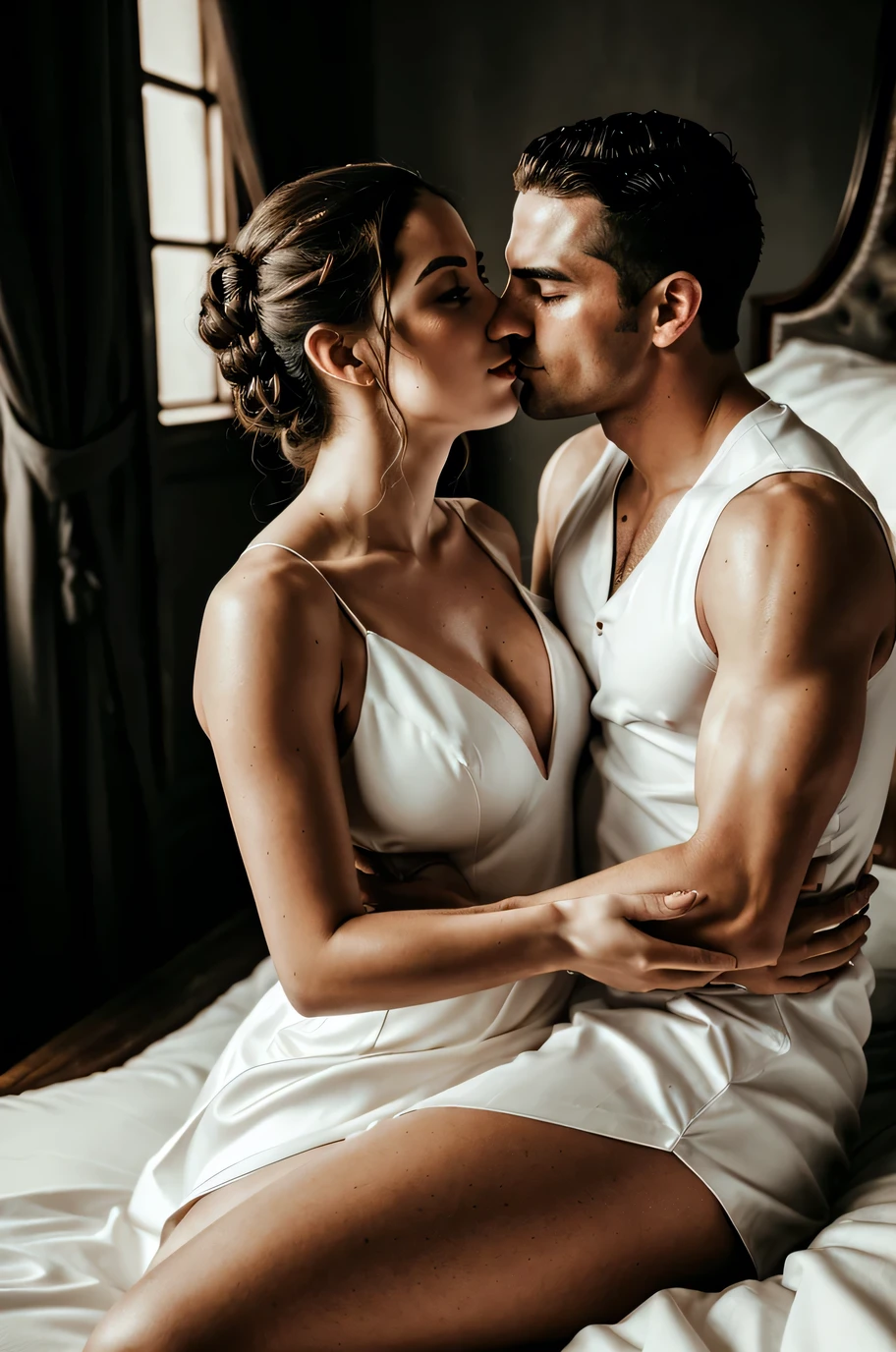 couple hugging each other kissing sweaty with an expression of pleasure on a bed in formal clothes looking at each other, portrait style, dark environment