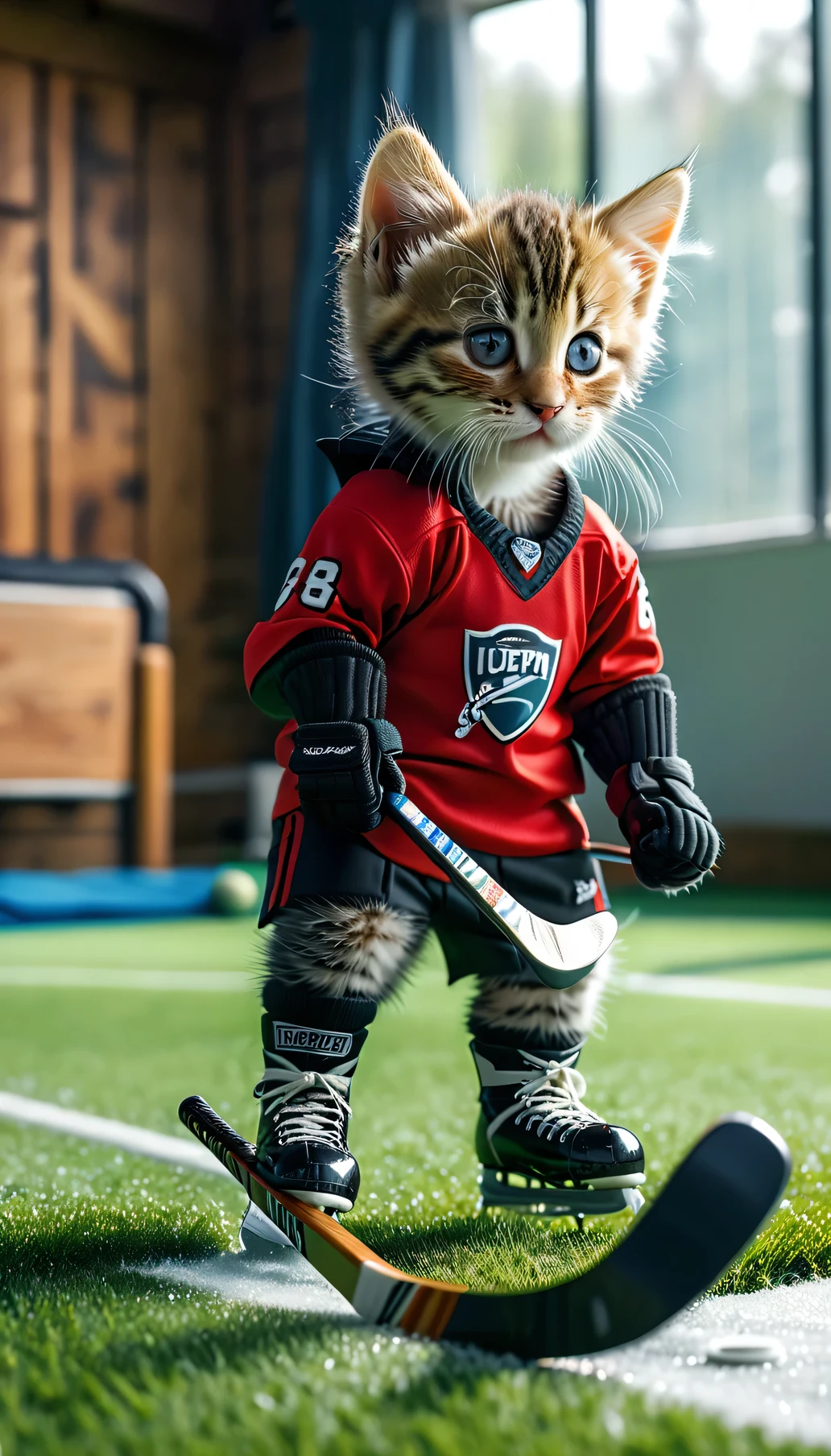 ((8k)), highest quality, 超High resolution, (High resolution), A kitten is wearing hockey wear, sports boots, Playing hockey, Hockey rink,Natural grass, Hockey Goal, Loud cheers from the audience