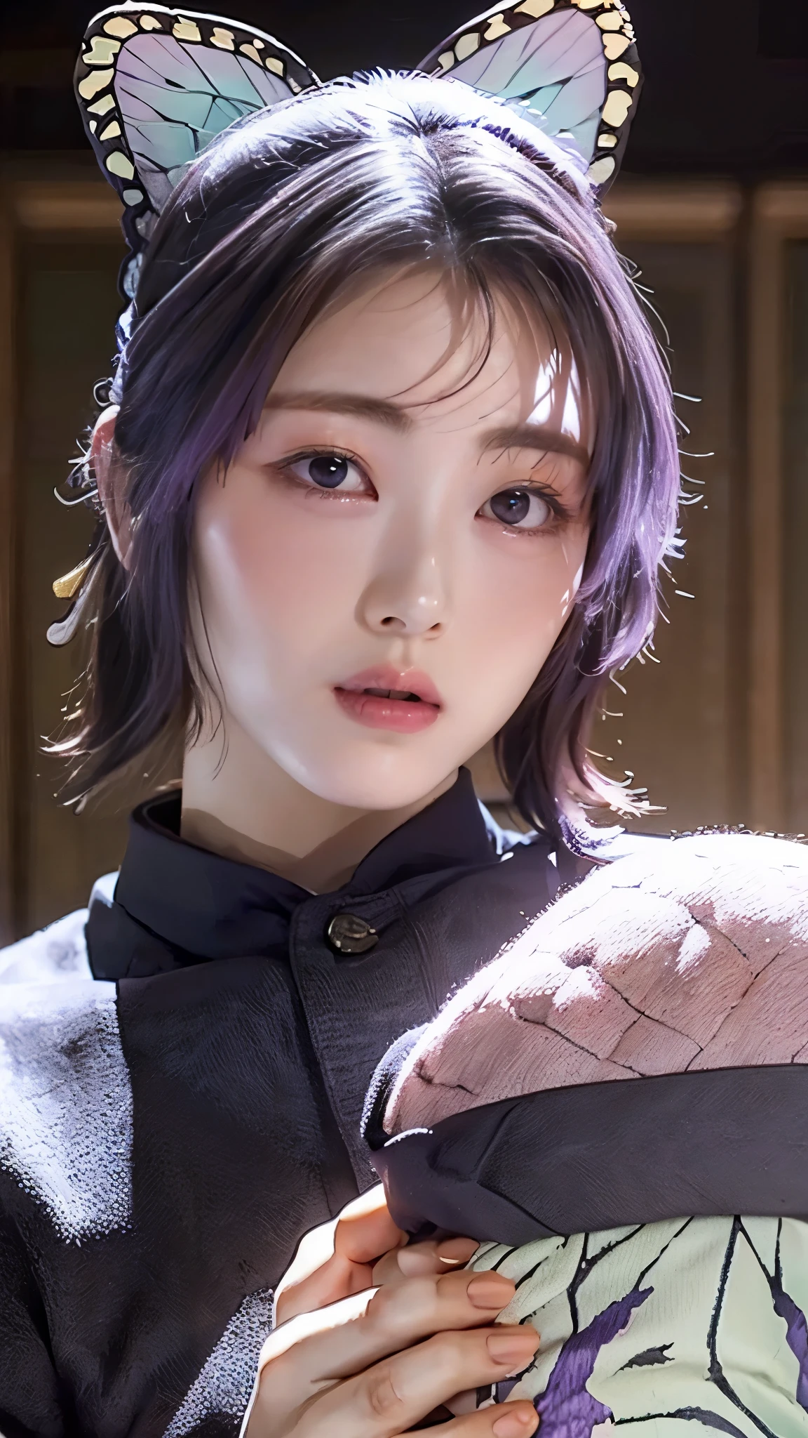 Moisturized skin, (purple eyes: 1.4), perfect body, (adult female body), embarrassed expression, shy, shy, does not make eye contact,
BREAK,
,bright red lipstick,
BREAK,
(long bangs at both ends: 1.2),(purple tips),
BREAK,
((masterpiece+best quality+high resolution+highly detailed)), (full body: 1.2),symmetrical, one shot,
BREAK,
(butterflies fluttering), (wind blowing),(battle stance: 1.4),((big full moon in the sky)),
BREAK,
(Kocho Shinobu: 1.3),dignified,