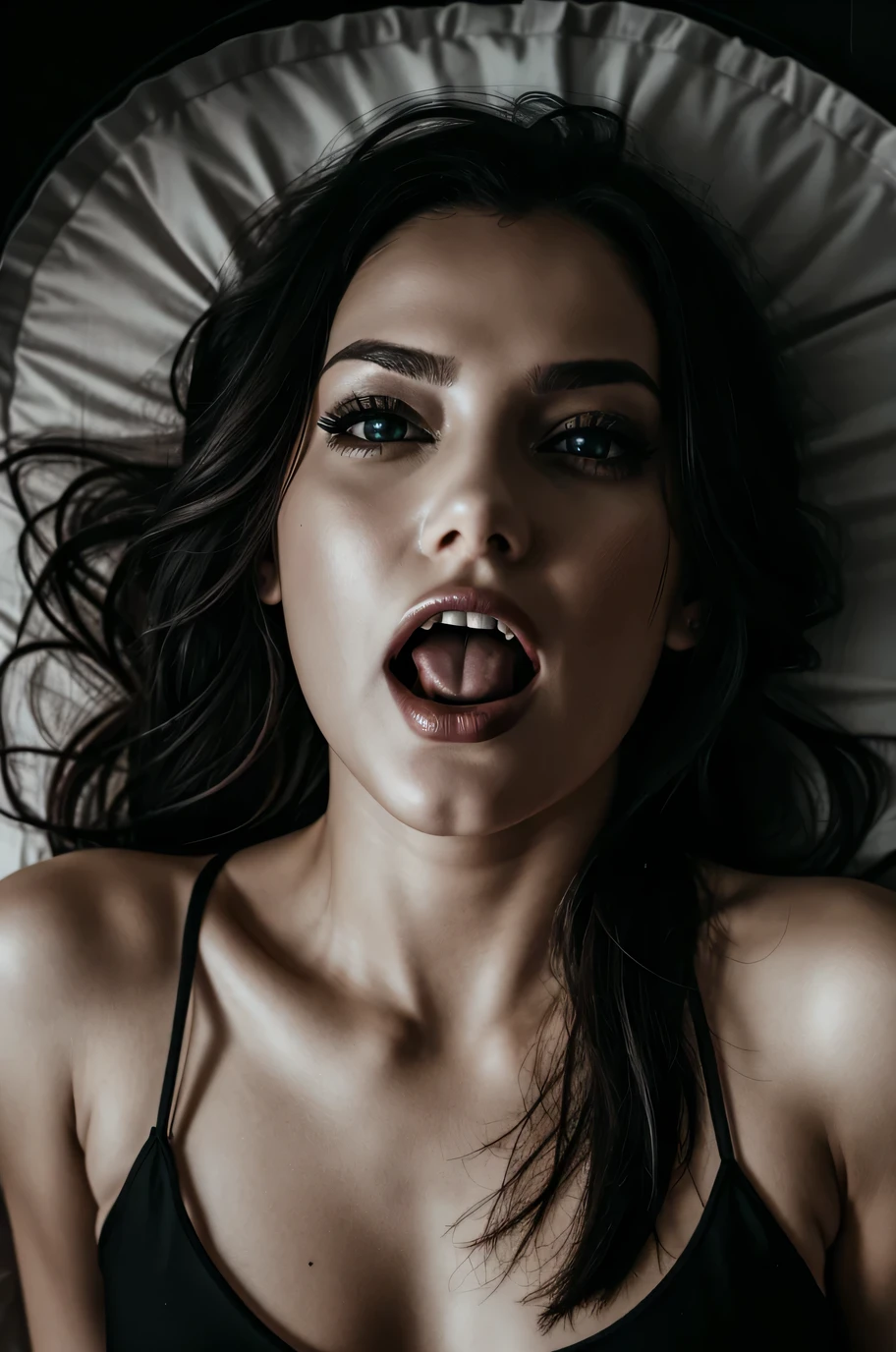 woman with open mouth and tongue out looking at camera from above, dark and sensual image, portrait style