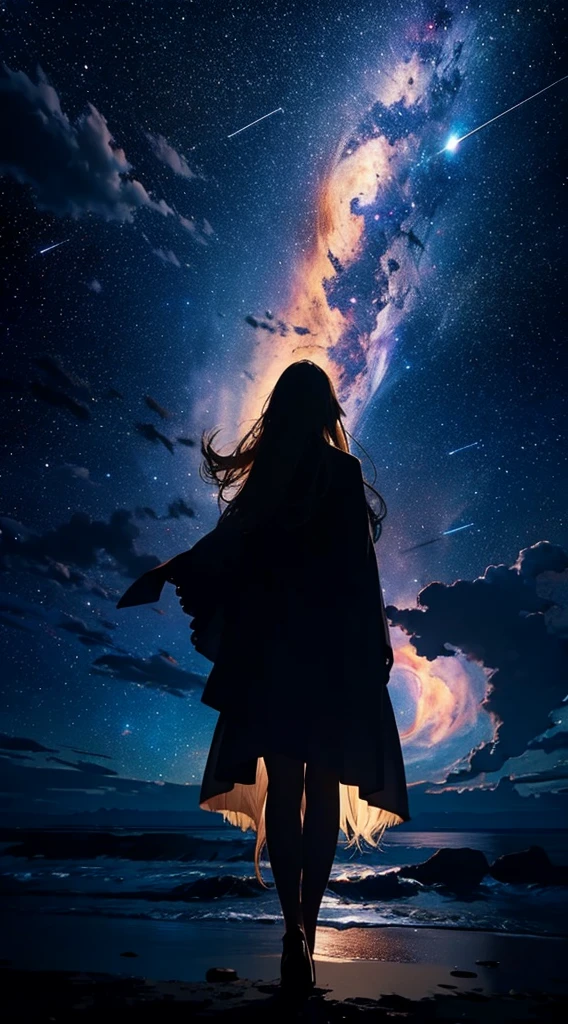 1people々々々々,Blonde long-haired woman, Dress Silhouette, Rear View,Raise your hand to grab something,Space Sky, The boundary between sea and space,