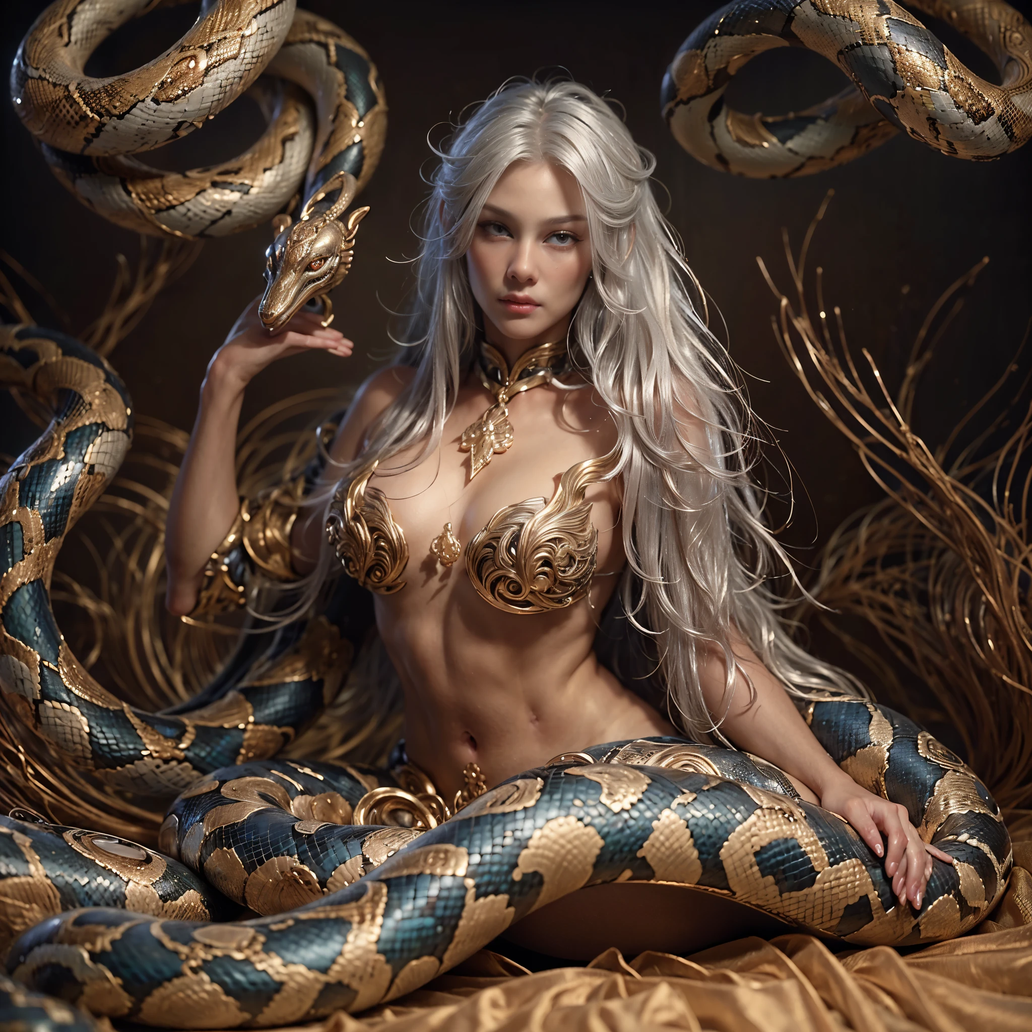 (8k RAW photo, hyper realistic, masterpiece, best quality, crisp detail, high definition, high detail, very rich detail, sharp focus, sharp detail, colorful, rich color, cinematic, perfect studio lighting, (full body photograph)), (mystic atmosphere), (((bare naked, fully nude),(temptating young lustful snake goddess), (fully nude), (adorable beautiful baby face, evil round face, smooth straight long hair goddess, shinning silver haired goddess, silver eyed goddess, medium breast), (spreading legs, sensual pose, seductive, temptating viewer, spreading legs, openlegs, on a giant snake, moaning), smooth body, ideal body, evil smile, snake tongue)), ( ((clearly visible pussy, clearly visible nipples))), (venomous snake temple),