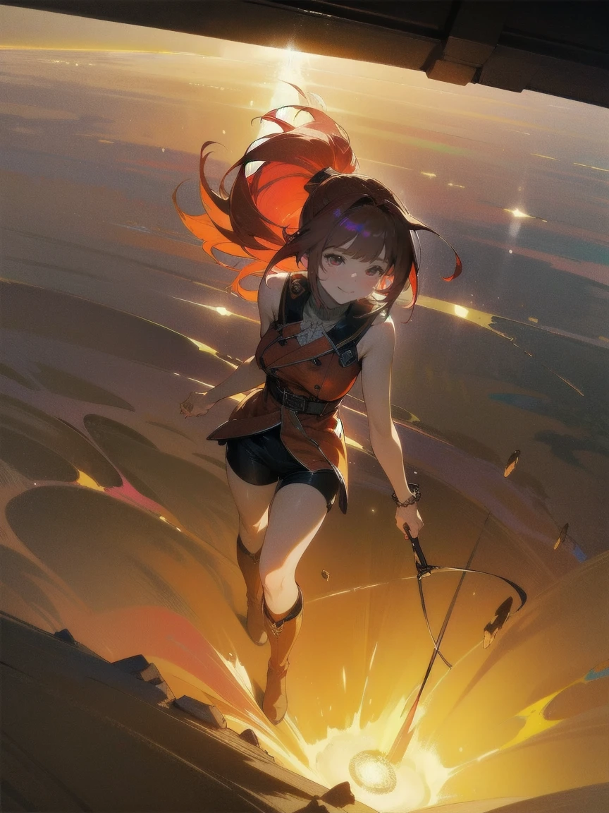 20 years old, long red hair, wears a ponytail, red eyes, always smiling. She dresses in an antique style, wearing a short brown skirt with black shorts underneath, ending above the knees. She wears knee-high brown boots. Her white blouse is sleeveless and features red details. She possesses fire powers and has a fire-themed background. 8k, high quality, full body, (ultra-realistic), {extremely detailed 8k CG unit wallpaper}, expansive landscape photograph, , (light: 2.0), (warm light source: 1.5), complex details, (iridescent colors: 1.5), (bright lighting), (atmospheric lighting), surreal, impressive, fantasy, (Solo: 1.2)