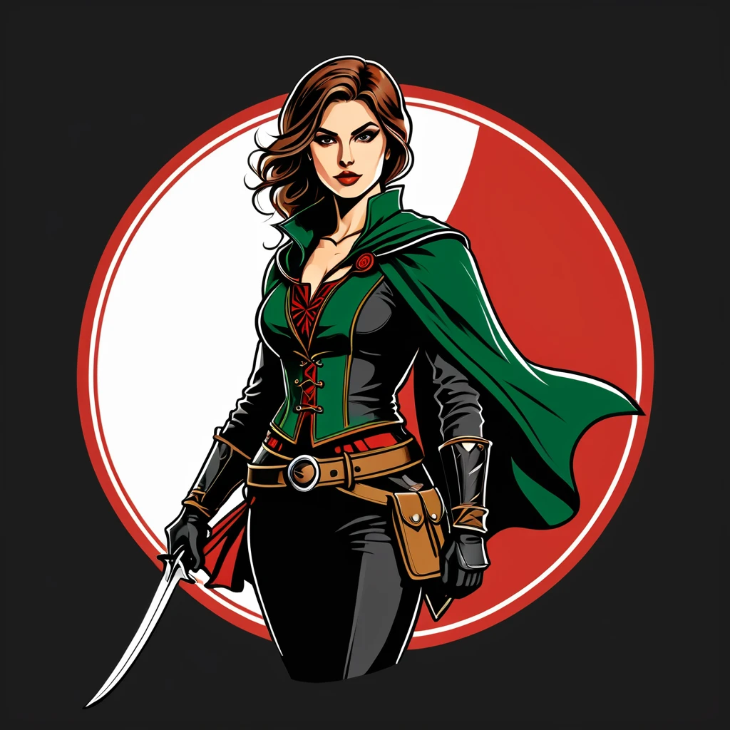 female	rogue	in italian folk outfit	,vector graphics, strong contours, logo design																						