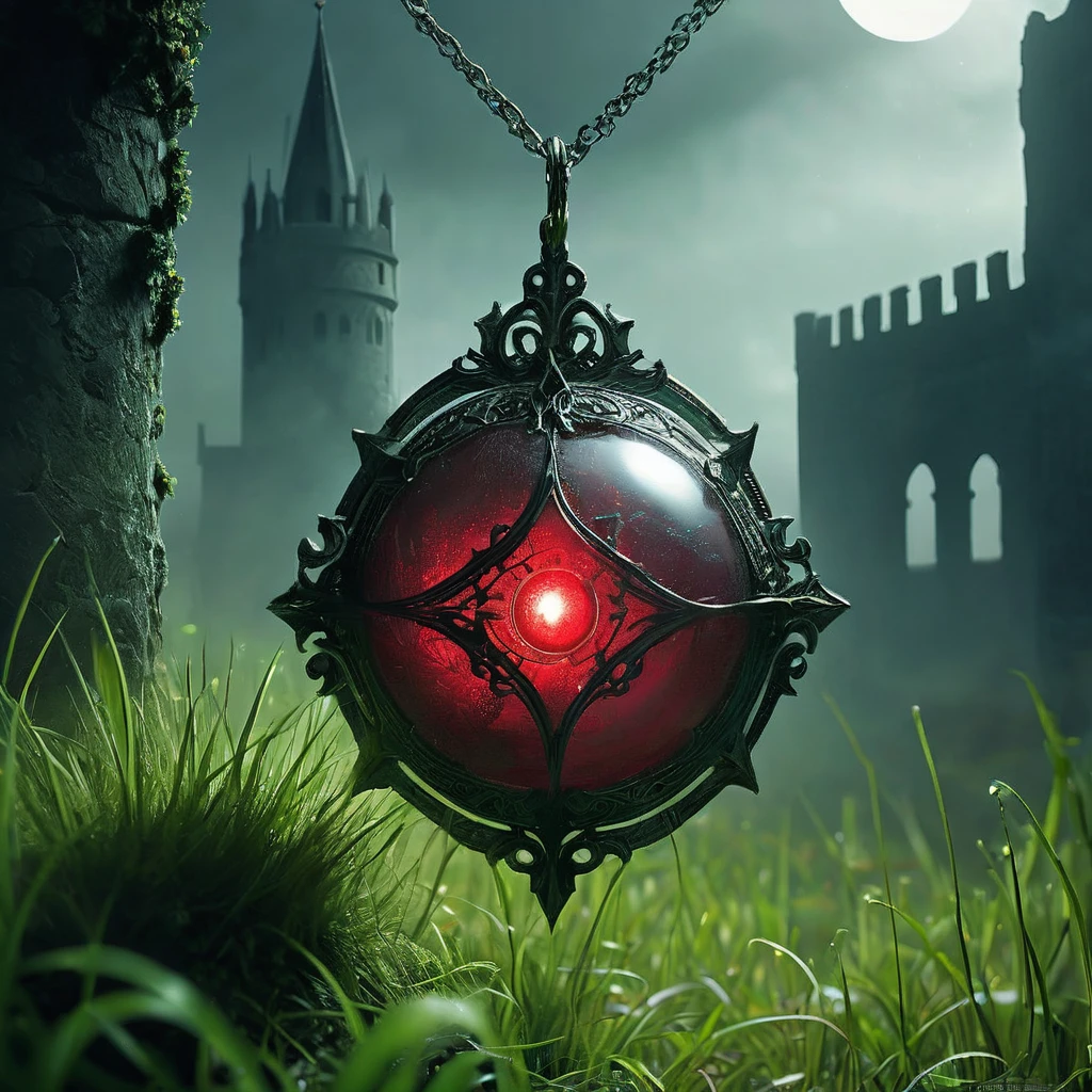 a red pendant lying amidst tall, dark, and slightly overgrown grass, set in a medieval dark fantasy world. The pendant should be the focal point, featuring an intricate design with ornate filigree and mystical runes etched into its surface, suggesting it is a powerful magical artifact. The red gem at the center should glisten with an inner light, casting faint, eerie glows onto the surrounding grass.
The grass itself is dark green, almost black in the dim, fog-laden light of dusk. Tiny droplets of dew cling to the blades, reflecting the pendant's glow. The scene is shrouded in an ethereal mist, with tendrils of fog creeping through the grass, enhancing the atmosphere of mystery and suspense.
In the background, barely visible through the mist, are hints of an ancient, crumbling stone structure, like the ruins of a once-great castle, adding to the medieval feel. Shadows loom ominously, and the scene is imbued with a sense of foreboding, as if unseen eyes are watching from the darkness. The overall mood should be eerie, mystical, and filled with dark fantasy elements.