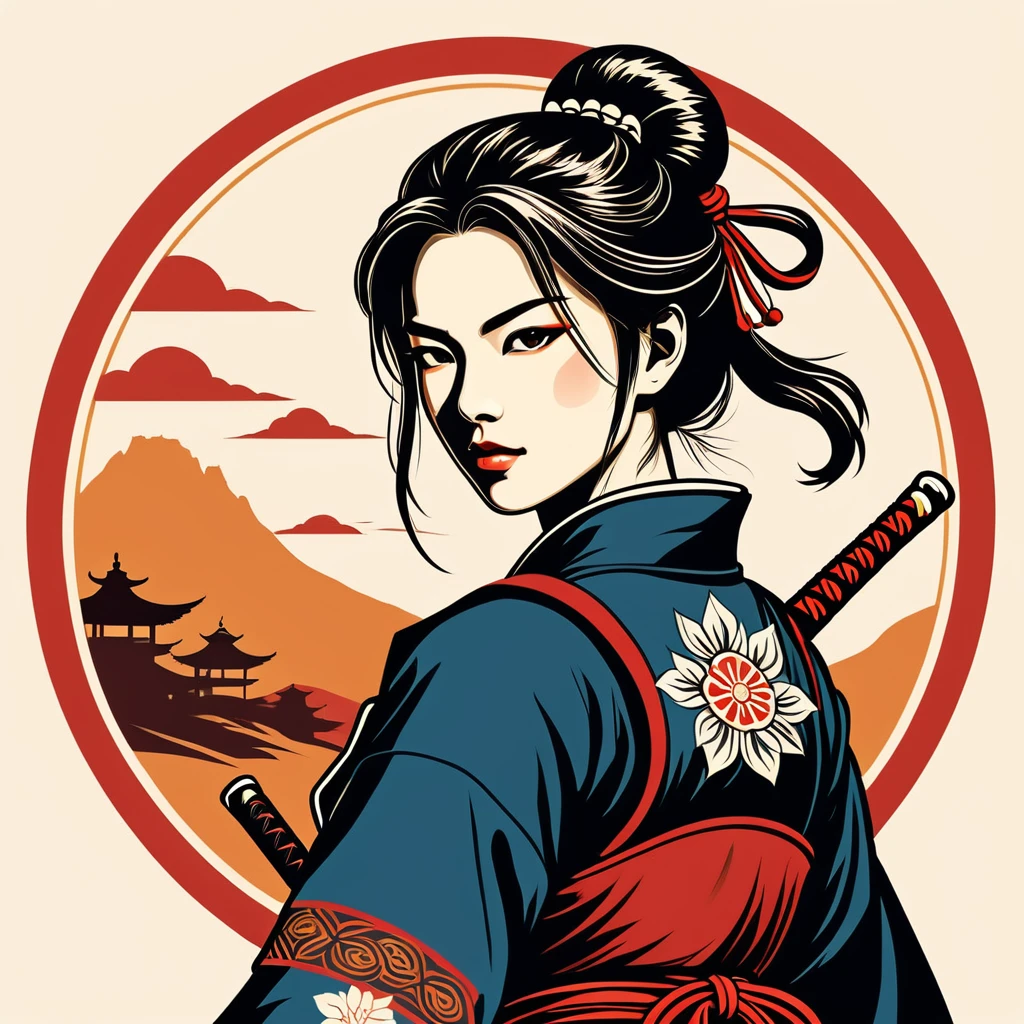 female	samurai	in italian folk outfit	,vector graphics, strong contours, logo design																						