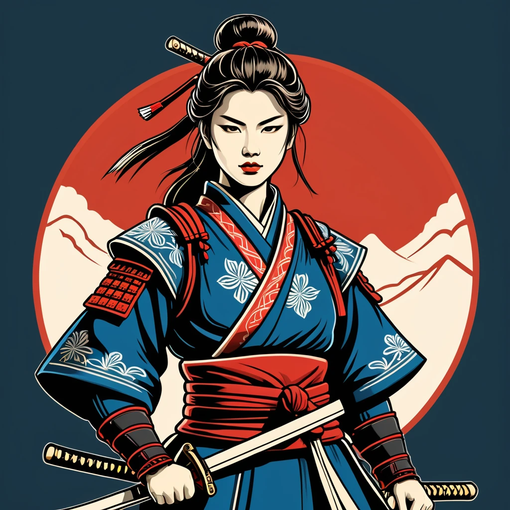 female samurai in italian folk outfit ,vector graphics, strong contours, logo design