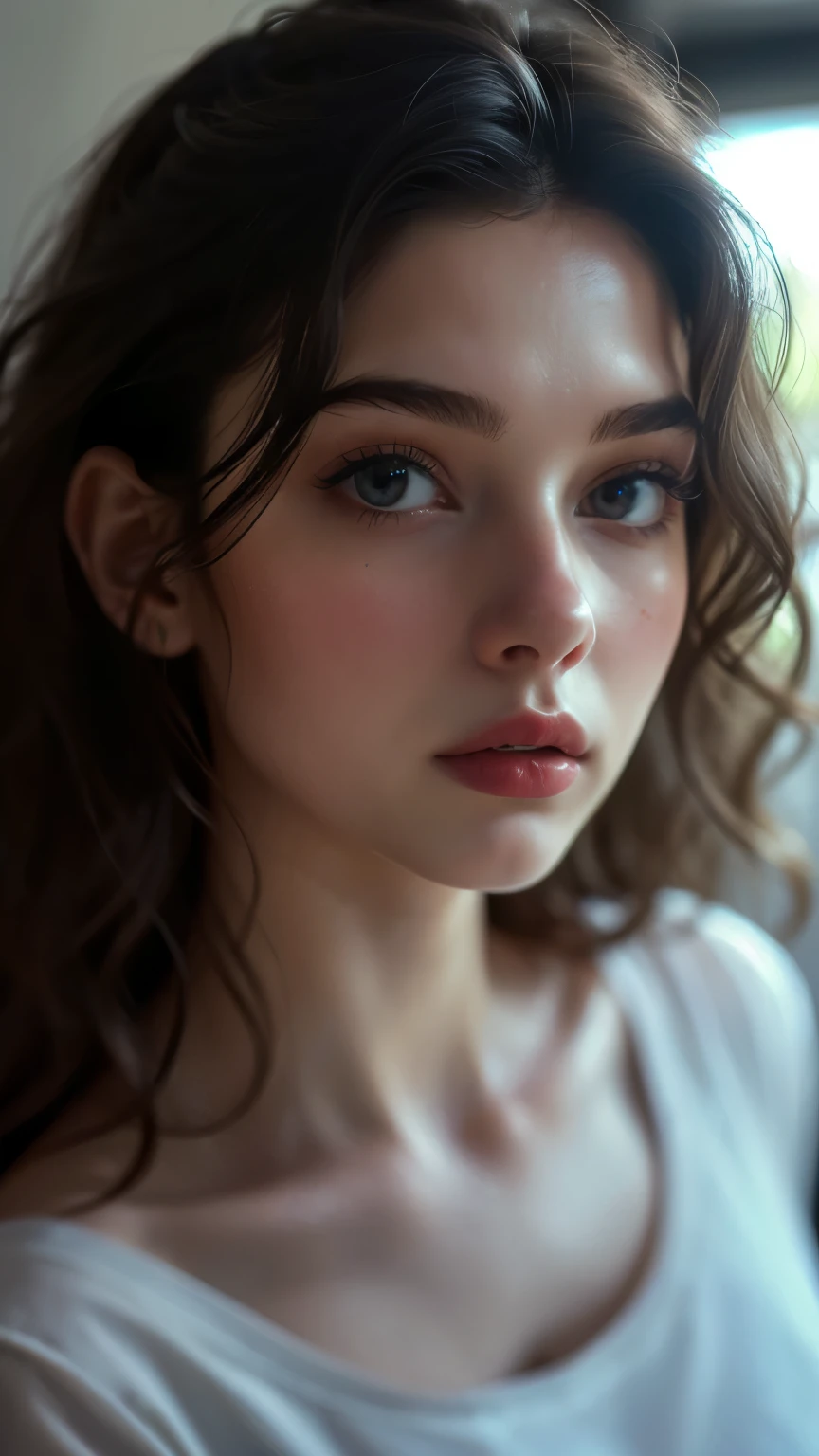 (((Surreal))) photo, masterpiece, Top quality, (Pale skin), (Extremely detailed face and eyes:1.3), 1 girl, aldult, Wearing T-shirt, (Eye Makeup, mascara) , ((Big, detailed lips)), ((Gray wavy hair)), ((Chiolca)) , (natural breast), Slim waist. ((Strike a pose)), photo拍摄, studio (Soft lighting), (The interpretation of light and shadow), Depth of Field, Bokeh, (Pay special attention to skin details: 1.2), detailed leather texture, Skin pores. (Airy atmosphere of the frame. Color Range - Delicate, bright, White, Pink), PhD, ((Film Grain)), ((Light)), ((太阳的Light)), ((Waist Up Portrait, Close to the camera)) , Super Fine,
