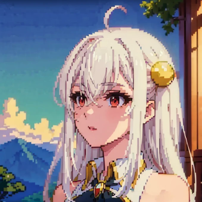 {ninym ralei}, beautiful girl, (White hair, Red eyes), It is leaning on the side of a tree, look at the kingdom from a hill, background of a kingdom with a beautiful red and white castle, fantasy sky, (sky of a magical world), {open world video game cover type image}, Pixel art style, pixel art: 1.1, high quality, the highest quality possible, 16k, ultra definition, (beautiful and detailed face), (anatomically correct)