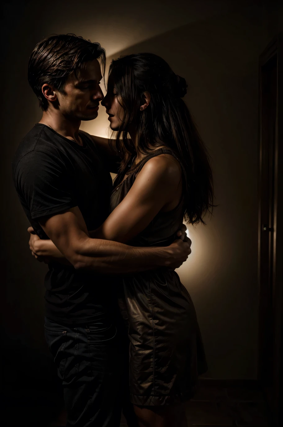 Man affectionately biting woman's neck in an intimate moment, wearing dark clothes. 4K resolution captures every detail, from the texture of the dress's fabric to the delicate play of shadows and light on the skin. vivid, emotionally charged moment."