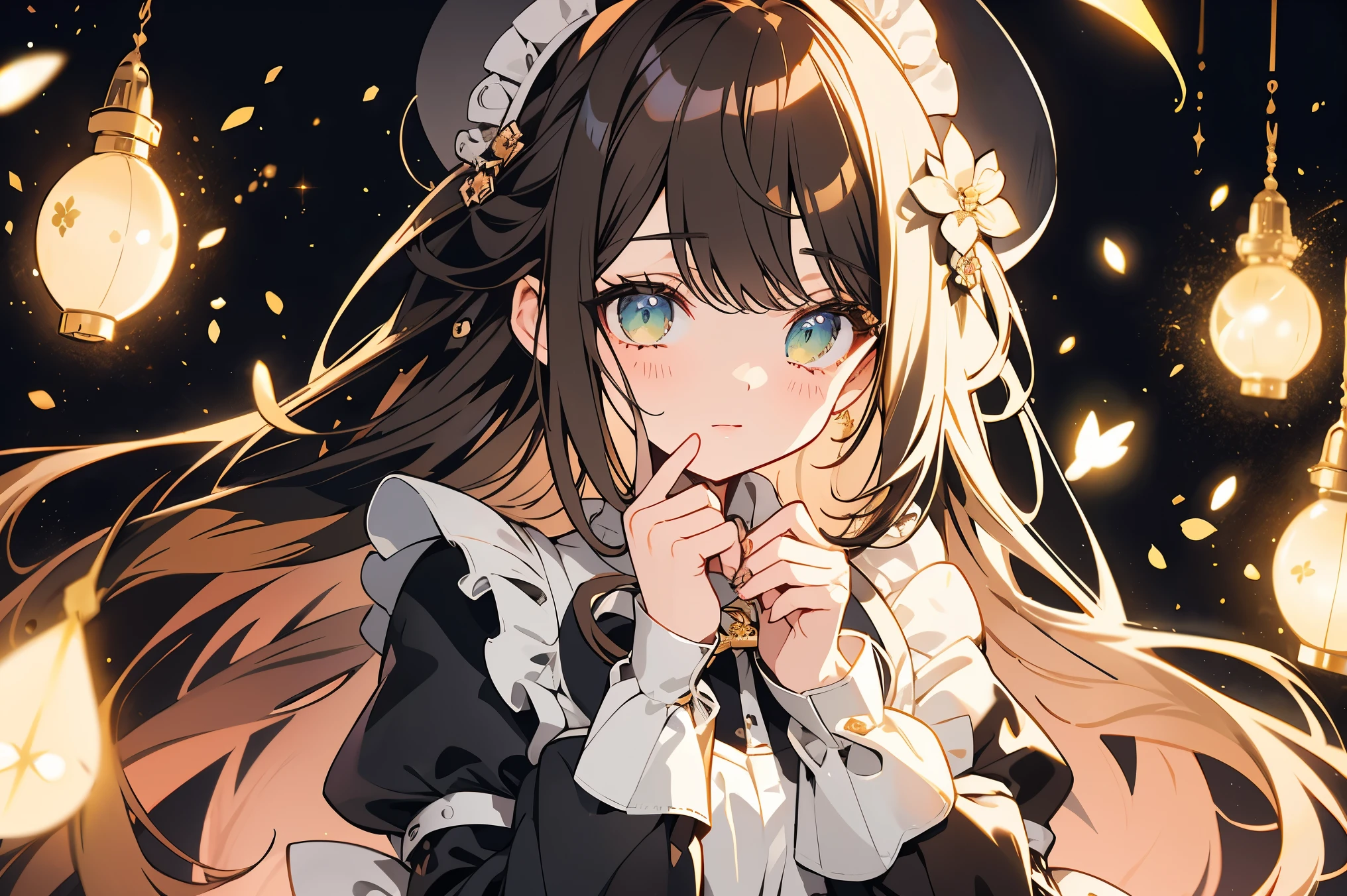 {{{{{best quality,light particles,fluttering petals,finger to own head}}}},brown hair,messy hair,long hair,green eyes,round eyes,shiny eyelashes,maid apron,{{{black sleeves,black long sleeves,black frill sleeves}}},maid headdress,colorful flower,ahoge,anemone