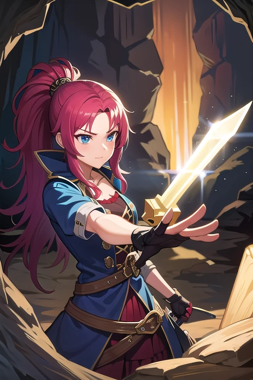 beautiful pirate woman with a shining sword in a gloomy cave