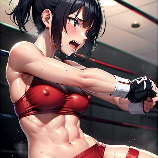 a bloody japanese girl fighter and a lady fighter is fighting in the octagon ring. the lady. the lady is punching the girl's face so hard in a series . the girl has no energy. the girl is crying and screaming. the girl has short-cut black hair, shortness of breath, drool from her mouth, closed eye, exhaustion, and sweat soaked. open finger grobe. Muscularity. Six pack abs. Erect nipples.