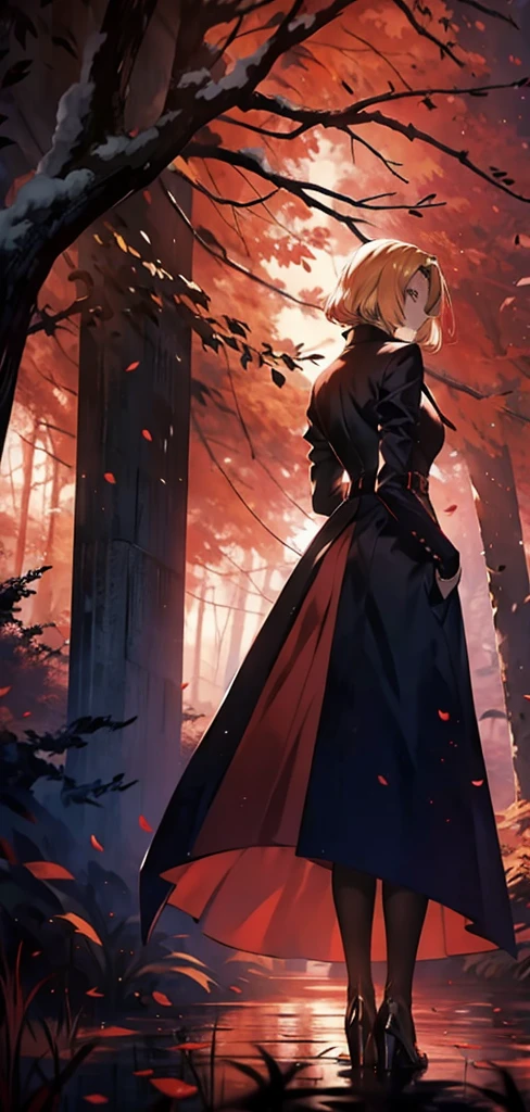 Blonde woman,Long coat,Rear View,silhouette,Red Forest,Red Moon,Red Night,