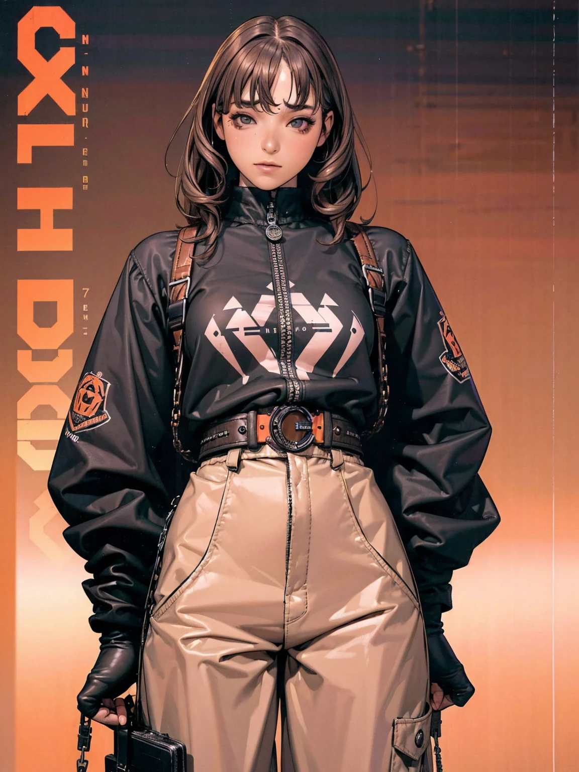 A sexy Chinese teenage girl, Make-up douyin, is wearing cool cyberpunk style clothes varying in black and orange and carrying a firearm, in a cool sitting pose, on a white background.