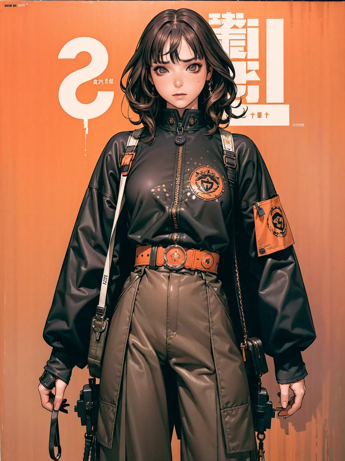 (best qualityer))), (((manga strokes))), (((peach color curly hair with bangs))), (((baggy pants with black spots))), (((Chevron pattern))), (((Rusc GFX_dark))), uma Kizi jovem muito bem vestida com roupas modernas de inverno, pants with paint splatters, top gift vertical stripes, short jacket with dark fur collar, beautiful and expressive face, slightly-smile, big eyes with long black eyelashes, heavy make-up, chains and zippers spread across clothes, contrasting colours, pose de atitude, hair with a modern and futuristic cut, urban game poster art, dramatic camera angles, graffiti art elements in the background, design mixing contemporary and retro by Shepard Fairey, (((cowboy shot))), (((best qualityer: 1.4))), (Unbeatable masterpiece), (hiper HD),(CG 8k hyper-realistic), Kizi, (((standing alone))), pirralha violent, ((())), sexly, pose de atitude, work of art, post-apocalypse, (((manga style))), bounty hunter, violent, Manic, the way you want, slenderbody, thin but strong, perfectbody, roupa moderna, advanced technology, neon, chevron pattern sleeves, abandoned factory background, (( cowboy shot )). intricate visual