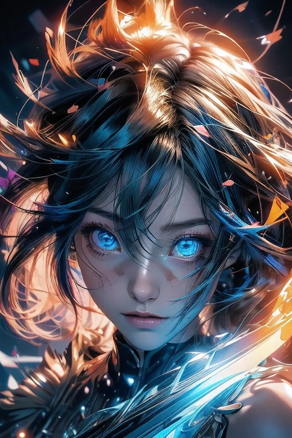 anime girl with blue eyes and blur hairs with yellow tessel, an anime drawing by Yang J, trending on cg society, fantasy art, stunning anime face portrait, detailed digital anime art, beautiful anime face, anime style 4 k, aqua eyes, Blue glowing eyes, with glowing blue eyes, luminous blue eyes, bright blue eyes, blue eyes