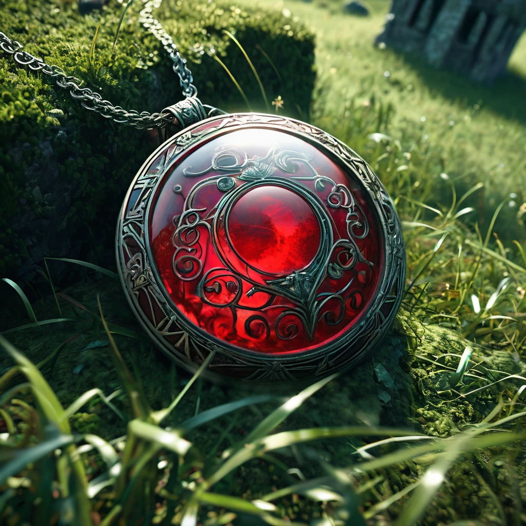 a red pendant lying in the grass, set in a medieval dark fantasy world. The pendant should have an intricate design, possibly with mystical runes or an ornate pattern, and it should glisten as if imbued with magic. The grass around it is dark and slightly overgrown, with hints of mist swirling at the edges. The overall atmosphere should be eerie and mysterious, with a hint of danger lurking in the shadows."