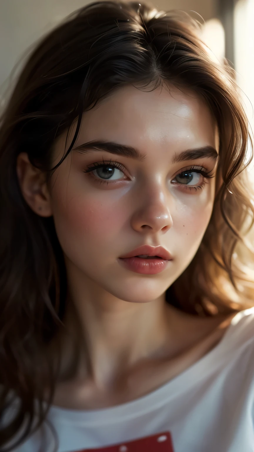 (((Surreal))) photo, masterpiece, Top quality, (Pale skin), (Extremely detailed face and eyes:1.3), 1 girl, aldult, Wearing T-shirt, (Eye Makeup, mascara) , ((Big, detailed lips)), ((Gray wavy hair)), ((Chiolca)) , (natural breast), Slim waist. ((Strike a pose)), photo拍摄, studio (Soft lighting), (The interpretation of light and shadow), Depth of Field, Bokeh, (Pay special attention to skin details: 1.2), detailed leather texture, Skin pores. (Airy atmosphere of the frame. Color Range - Delicate, bright, White, Pink), PhD, ((Film Grain)), ((Light)), ((太阳的Light)), ((Waist Up Portrait, Close to the camera)) , Super Fine,