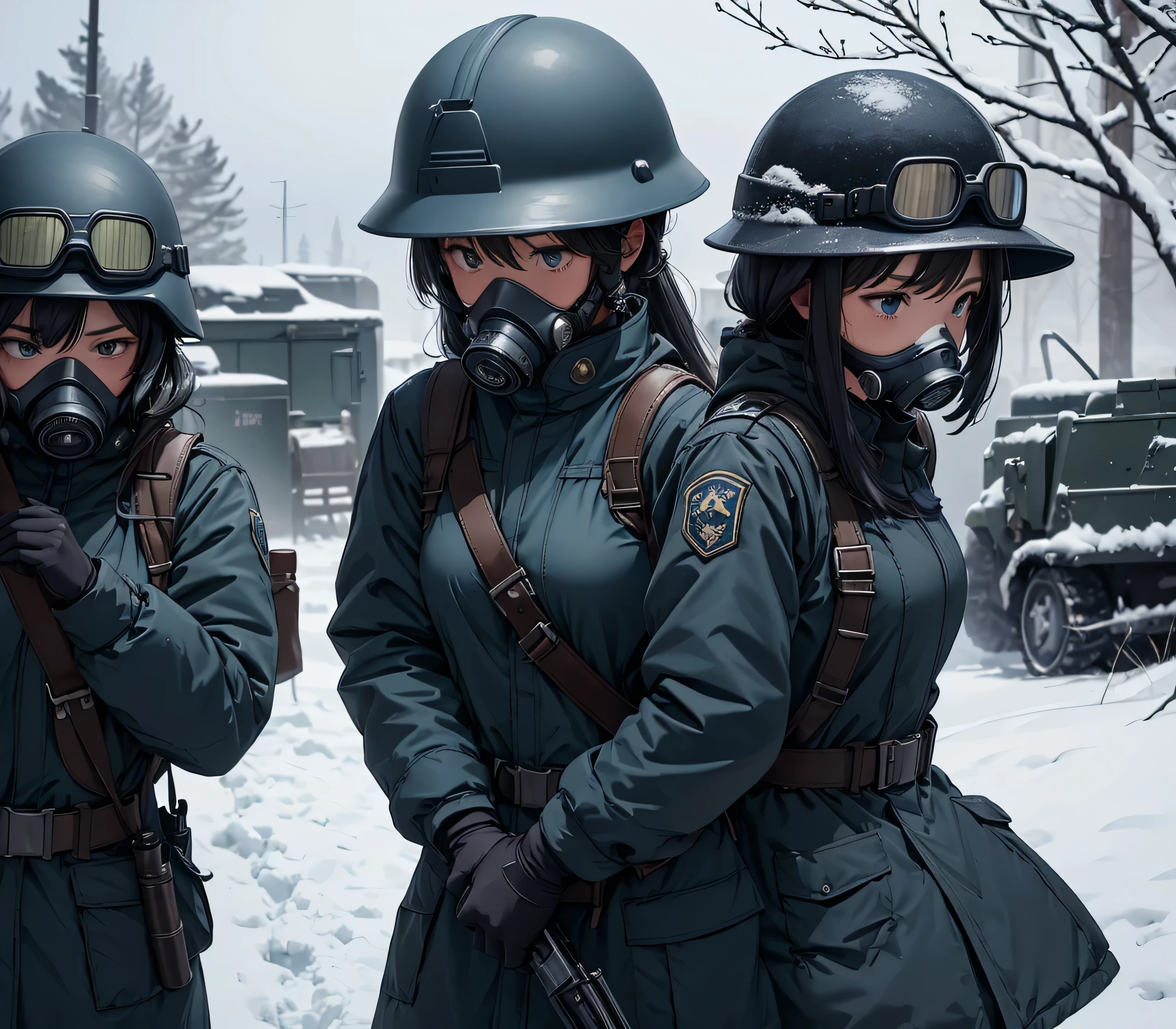 A group of female soldiers all wearing dark blue thick coats、Wear a steel helmet、Gas Mask、Goggles、Patrol with guns、Snowy military camp、Write details、masterpiece、best quality、Highly detailed CG、8K picture quality