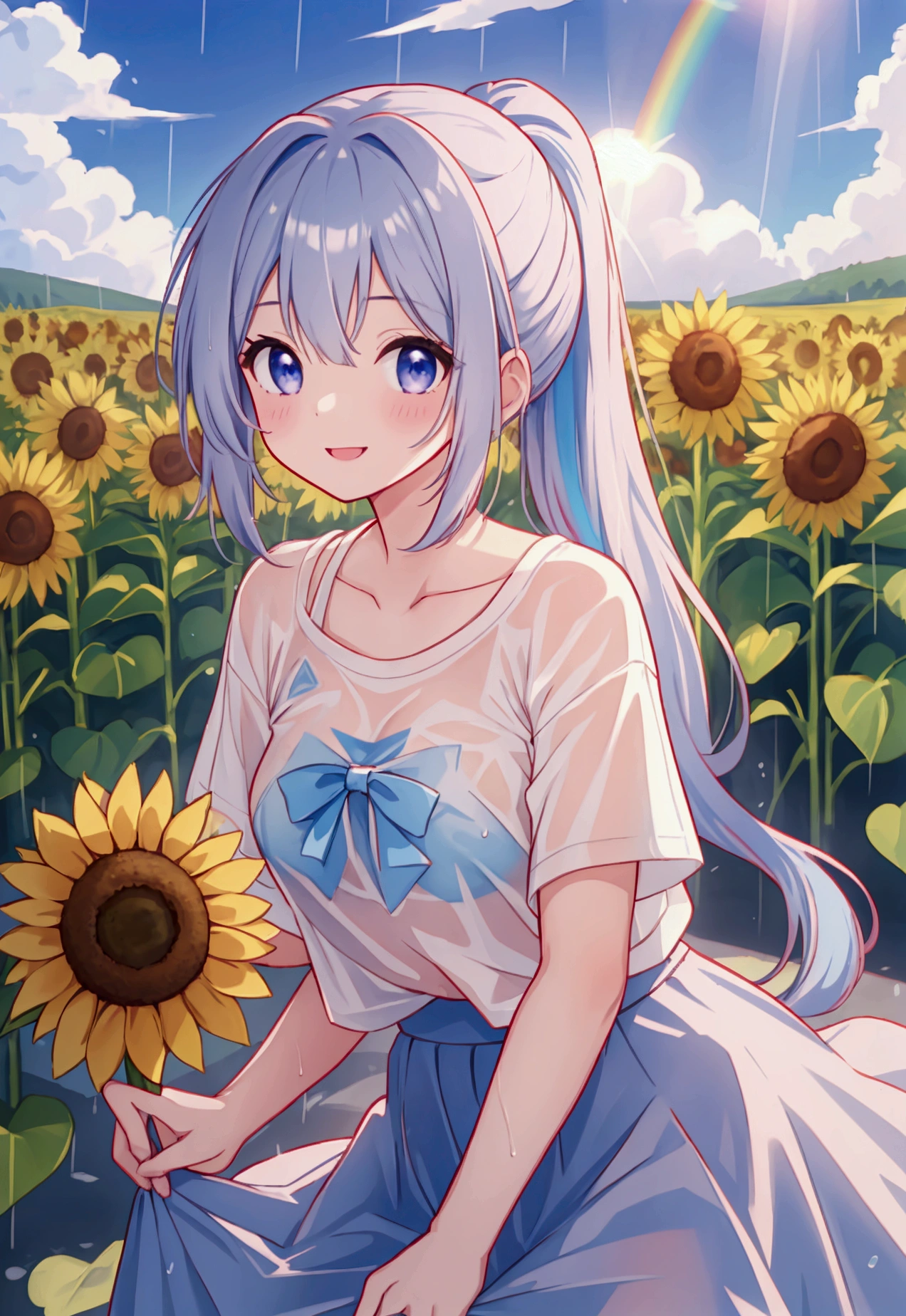 Absurd beauty、Sunflower field after the rain、Girl in the rain、Tie long hair in a ponytail、Her hair color is blue.、White T-shirt and skirt、The girl is smiling、The sun's rays create a rainbow、The girl's T-shirt is wet、The blue bra is visible through the
