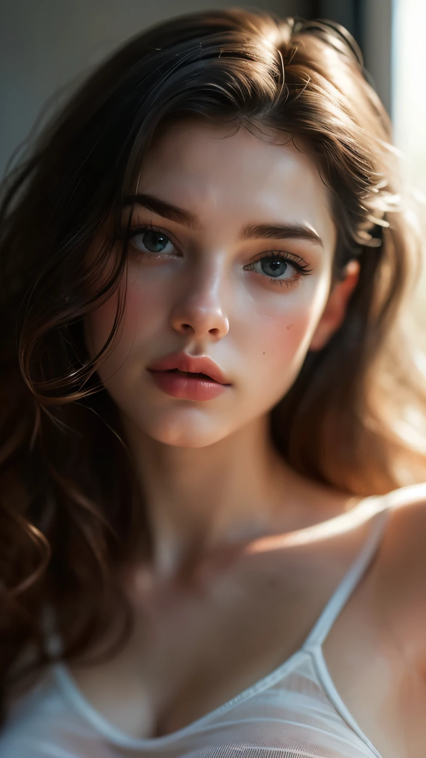 (((Surreal))) photo, masterpiece, Top quality, (Pale skin), (Extremely detailed face and eyes:1.3), 1 girl, aldult, Wearing T-shirt, (Eye Makeup, mascara) , ((Big, detailed lips)), ((Gray wavy hair)), ((Chiolca)) , (natural breast), Slim waist. ((Strike a pose)), photo拍摄, studio (Soft lighting), (The interpretation of light and shadow), Depth of Field, Bokeh, (Pay special attention to skin details: 1.2), detailed leather texture, Skin pores. (Airy atmosphere of the frame. Color Range - Delicate, bright, White, Pink), PhD, ((Film Grain)), ((Light)), ((太阳的Light)), ((Waist Up Portrait, Close to the camera)) , Super Fine,