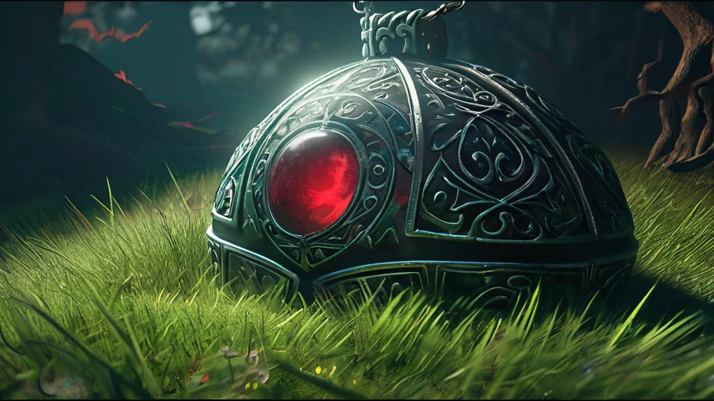 a red pendant lying in the grass, set in a medieval dark fantasy world. The pendant should have an intricate design, possibly with mystical runes or an ornate pattern, and it should glisten as if imbued with magic. The grass around it is dark and slightly overgrown, with hints of mist swirling at the edges. The overall atmosphere should be eerie and mysterious, with a hint of danger lurking in the shadows."