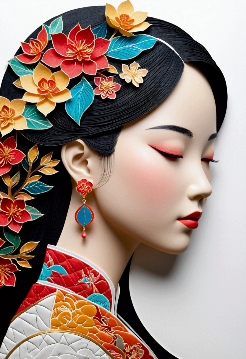 (White Background:1.4),(Girl&#39;s head silhouette, close your eyes, Colorful long hair, Oriental elements)，(Chinese illustration:1.3，Paper Art:1.3, Quilted Paper Art:1.2),( Streamlined Design, Clear lines, High Sharpness,Highest quality, Very detailed, masterpiece, Cinematic lighting effects, 4K )