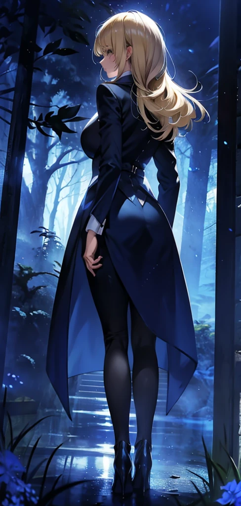 Blonde woman,Long coat,Rear View,silhouette,Blue Forest,blue night,blue Moon,