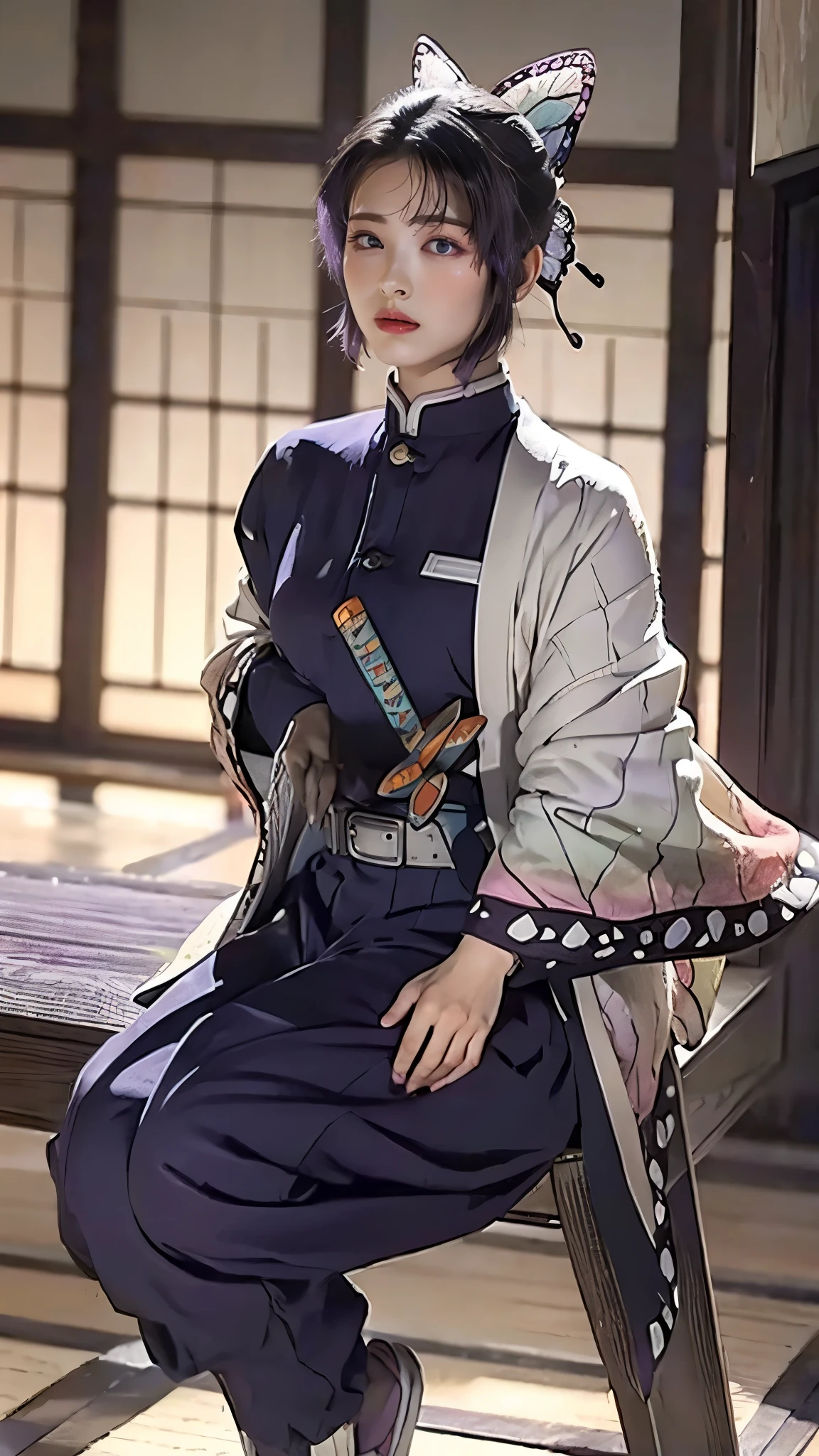 Moisturized skin, (purple eyes: 1.4), perfect body, (adult female body), embarrassed expression, shy, shy, does not make eye contact,
BREAK,
,bright red lipstick,
BREAK,
(long bangs at both ends: 1.2),(purple tips),
BREAK,
((masterpiece+best quality+high resolution+highly detailed)), (full body: 1.2),symmetrical, one shot,
BREAK,
(butterflies fluttering), (wind blowing),(battle stance: 1.4),((big full moon in the sky)),
BREAK,
(Kocho Shinobu: 1.3),dignified,