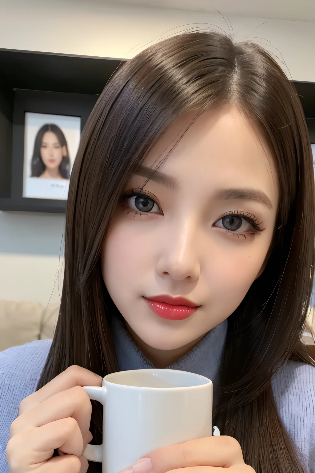 (8k, Ultra-high resolution, The best masterpiece, best quality:1.2), Very detailed, Complete Solution, (current, current photo: 1.37), portrait, Half Body, focus on eyes, HD RAW photos, career arrest, High quality and beautiful, Ultra-high-definition 8K images and photos, Volumetric lighting, Soft Light, confess, Professional photography, Very detailed beautiful girl, Super delicate face shape, Contoured eyes, (Very detailed eyes), Precisely shaped nose, expressive lips, Delicate skin, (HD Skin:1.2), Neatly contoured fingers, Every feature is carefully displayed, a story, (20:1.2), Twenty generations, cute girl, young mother, Beautiful mature lady, brown hair, long, straight hair, sparkling amber eyes, red lips, Eye makeup, sit down, Secretary in the office, luxury sofa, Take the cup, Standard office clothing, Women&#39;s suits and skirts, pantyhose and high heels, Modern office interior, perfect anatomy, Detailed background, HD background without blur, particle, current, stunning details, 8k Ultra HD, high quality, CG unity, C4D Rendering, 3D Rendering 