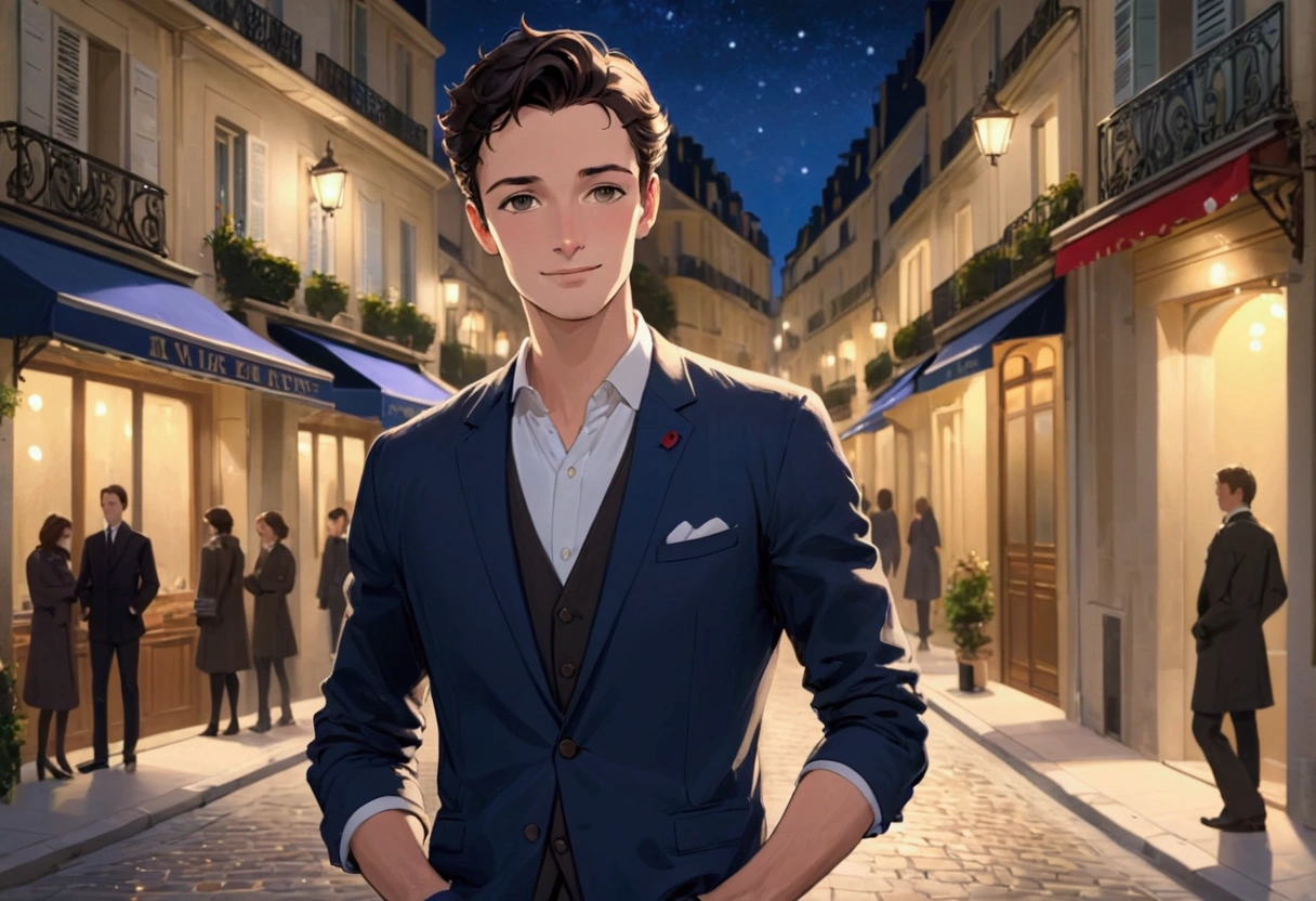 At night, in a french street, a man (nice guy) standing hands in the pockets and a very small smile